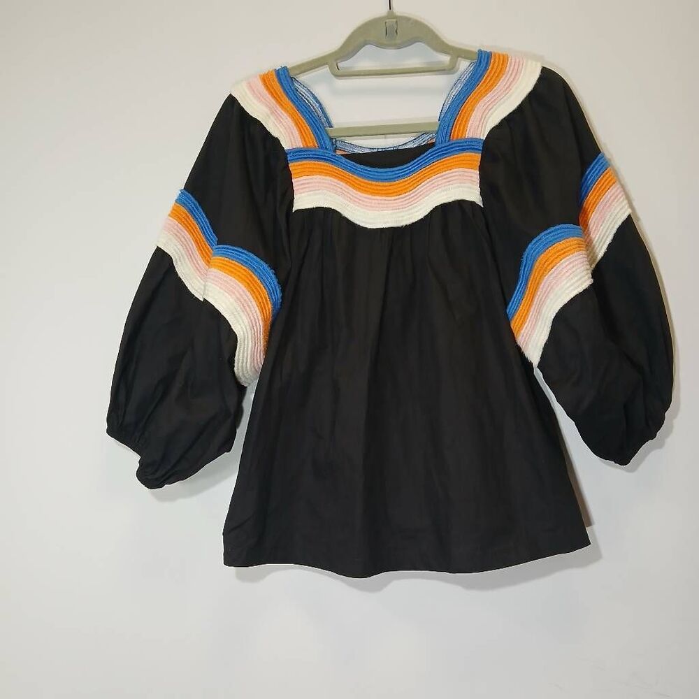 Corey Lynn calter womens xsmall puffer sleeve top black multi blue stripe